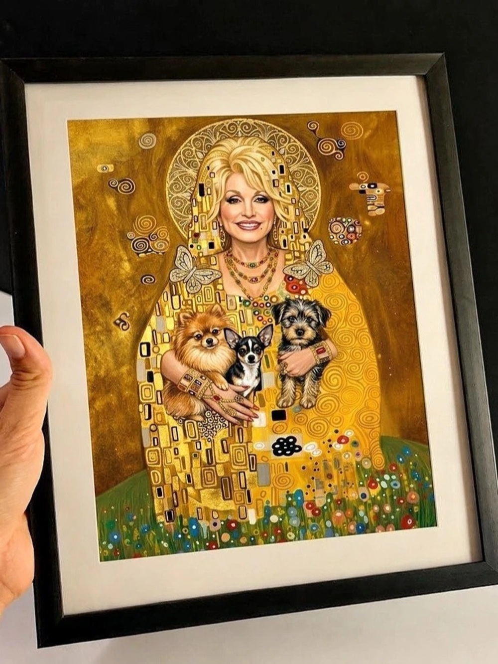 Dolly Parton with dogs art paper print - Klimt Style 12”x10”